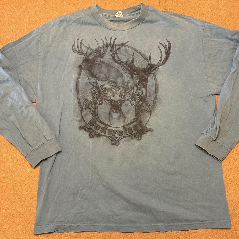 Alstyle Budweiser T Shirt Mens XL Blue Deer Graphic Long Sleeve Vintage Style